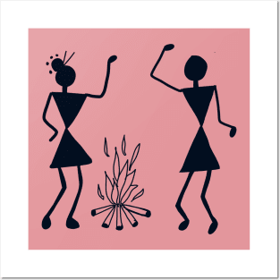 Warli painting of a couple near bornfire Posters and Art